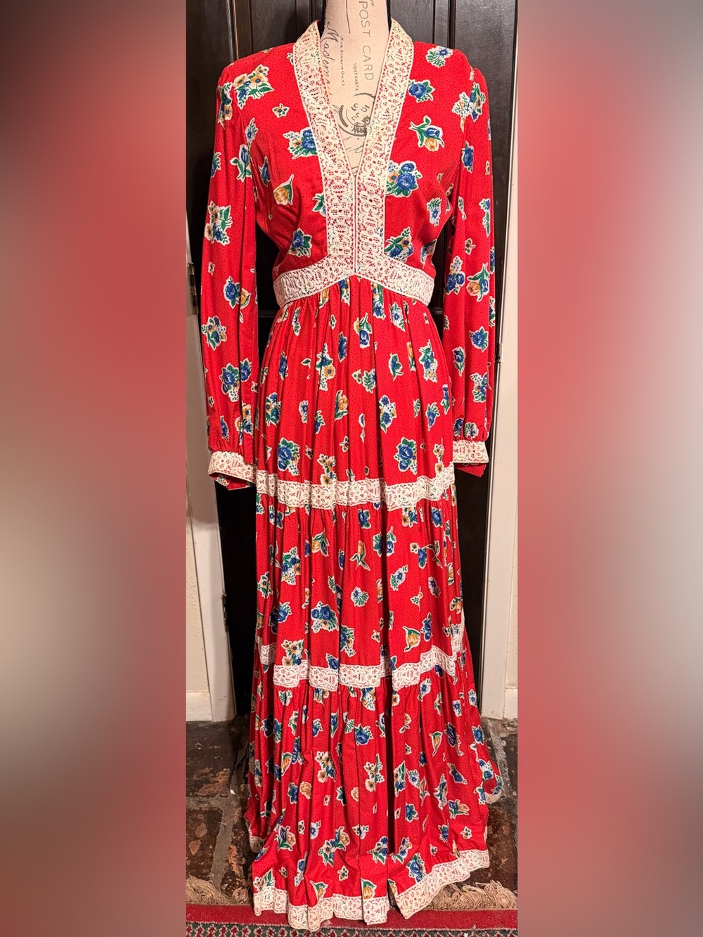 VTG 70s Victor Costa Neiman Marcus Red Floral Prairie Maxi Dress Lace 12 As Is